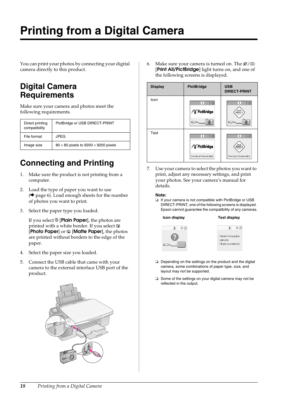 Printing from a digital camera, Digital camera requirements, Connecting and printing | Epson STYLUS DX6000 User Manual | Page 20 / 36