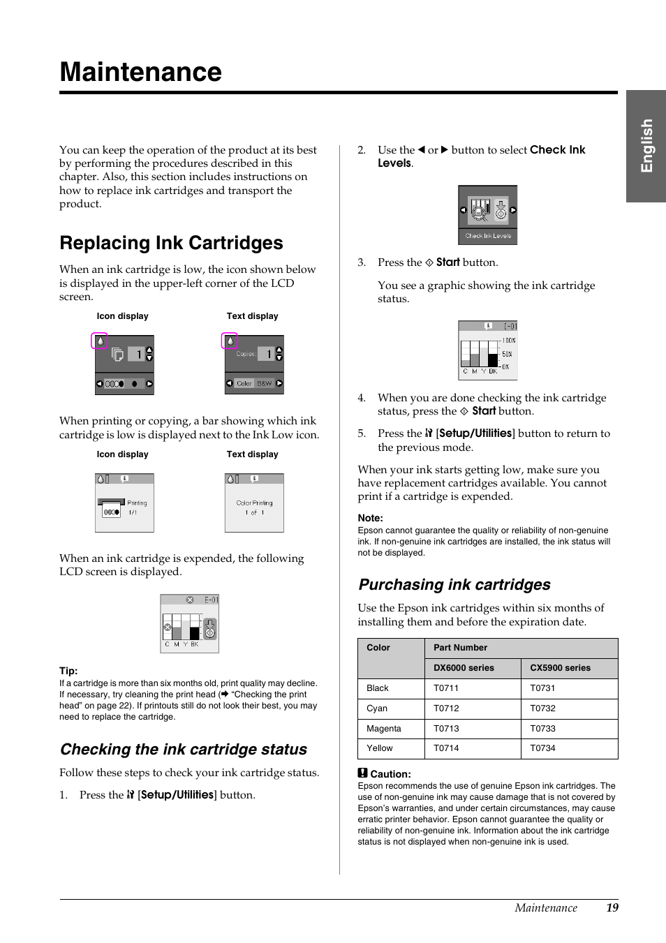 Maintenance, Replacing ink cartridges, Checking the ink cartridge status | Purchasing ink cartridges, En g lis h | Epson STYLUS DX6000 User Manual | Page 21 / 36