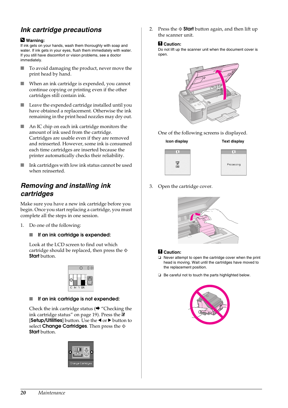 Ink cartridge precautions, Removing and installing ink cartridges | Epson STYLUS DX6000 User Manual | Page 22 / 36