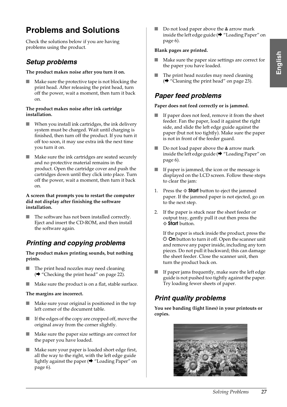 Problems and solutions, Setup problems, Printing and copying problems | Paper feed problems, Print quality problems, En g lis h | Epson STYLUS DX6000 User Manual | Page 29 / 36