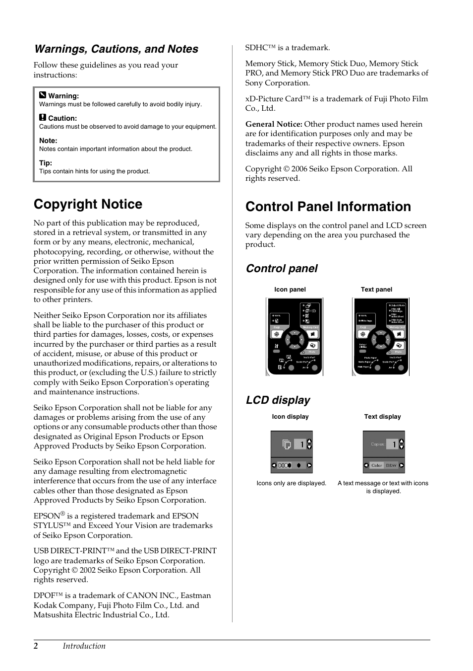 Warnings, cautions, and notes, Copyright notice, Control panel information | Control panel, Lcd display, Control panel lcd display | Epson STYLUS DX6000 User Manual | Page 4 / 36