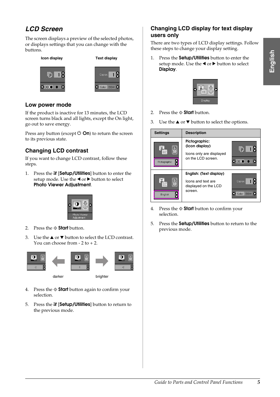 Lcd screen, En g lis h, Low power mode | Changing lcd contrast, Changing lcd display for text display users only | Epson STYLUS DX6000 User Manual | Page 7 / 36