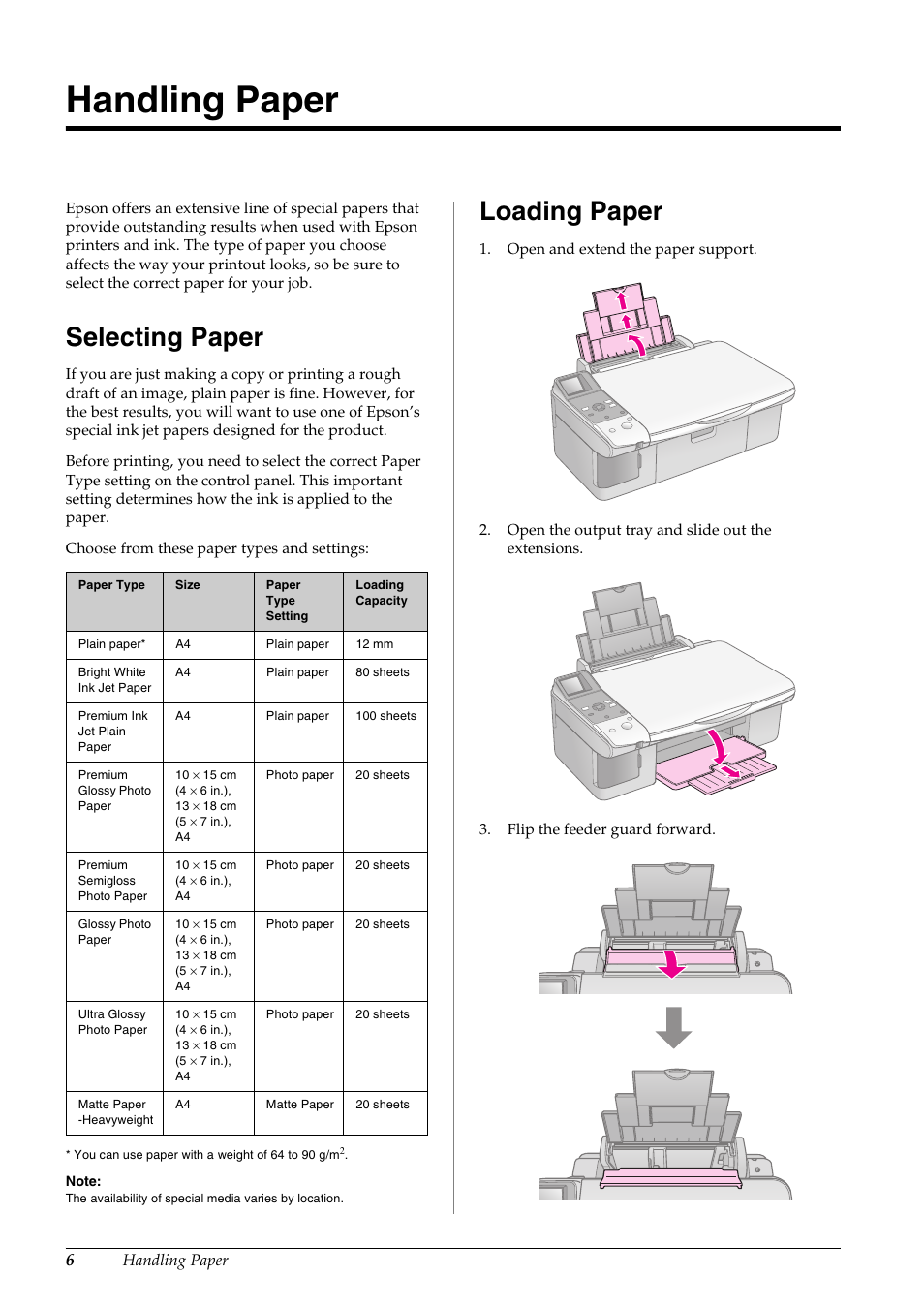 Handling paper, Selecting paper, Loading paper | Selecting paper loading paper | Epson STYLUS DX6000 User Manual | Page 8 / 36