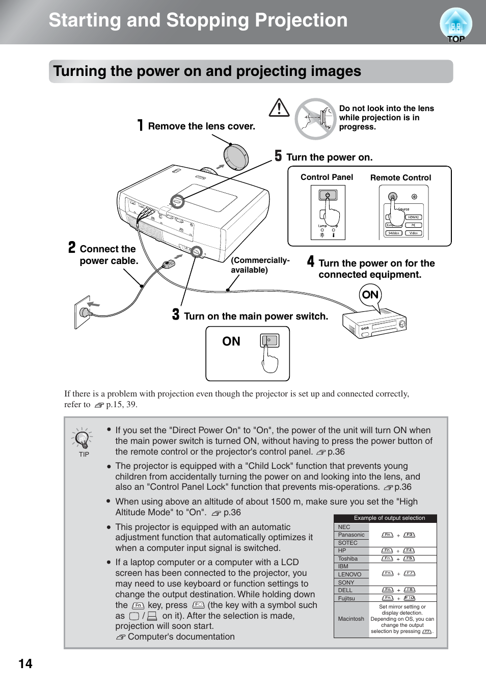 Starting and stopping projection, Turning the power on and projecting images, Turning the power on | And projecting images | Epson EH-TW3000 User Manual | Page 16 / 64