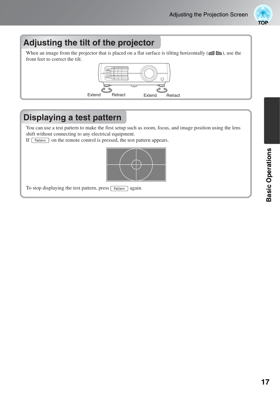 Adjusting the tilt of the projector, Displaying a test pattern | Epson EH-TW3000 User Manual | Page 19 / 64