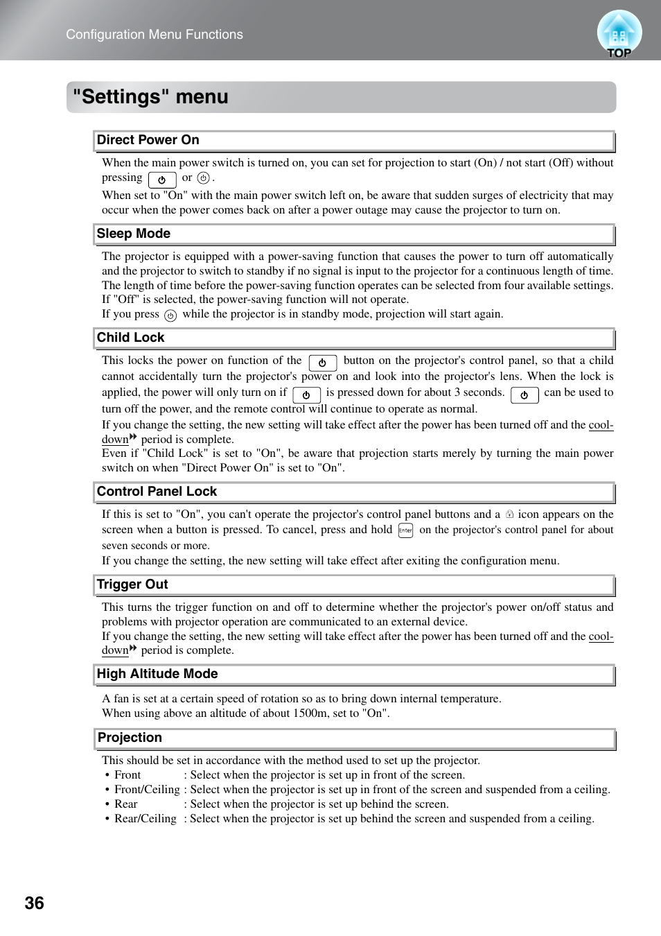Settings" menu | Epson EH-TW3000 User Manual | Page 38 / 64
