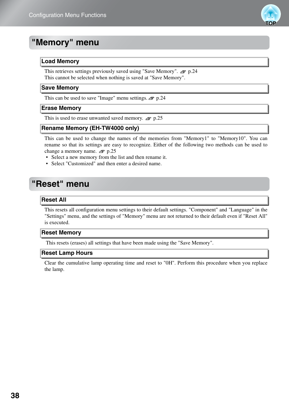 Memory" menu, Reset" menu | Epson EH-TW3000 User Manual | Page 40 / 64