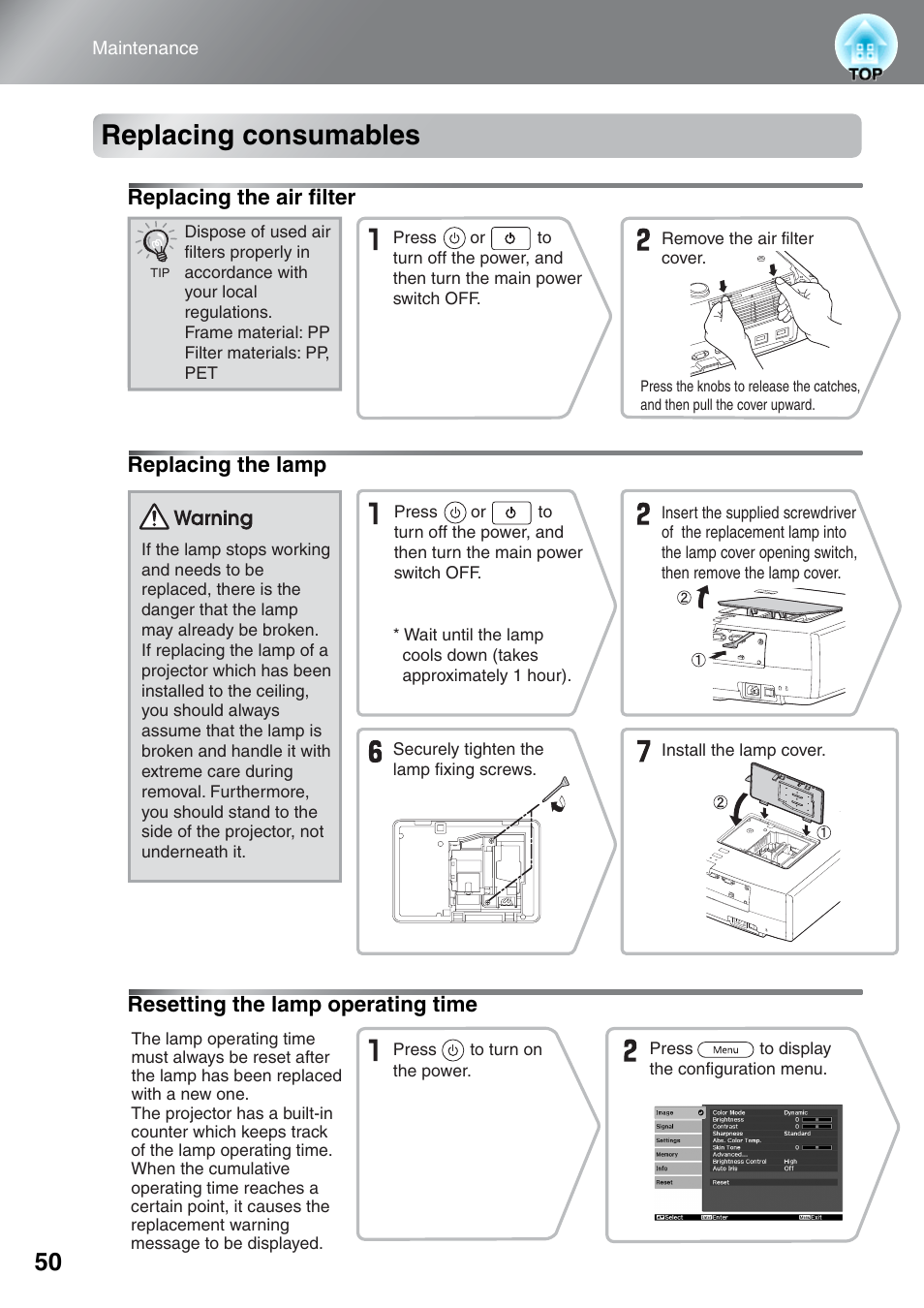 Replacing consumables, Replacing the air filter, Replacing the lamp | Resetting the lamp operating time | Epson EH-TW3000 User Manual | Page 52 / 64