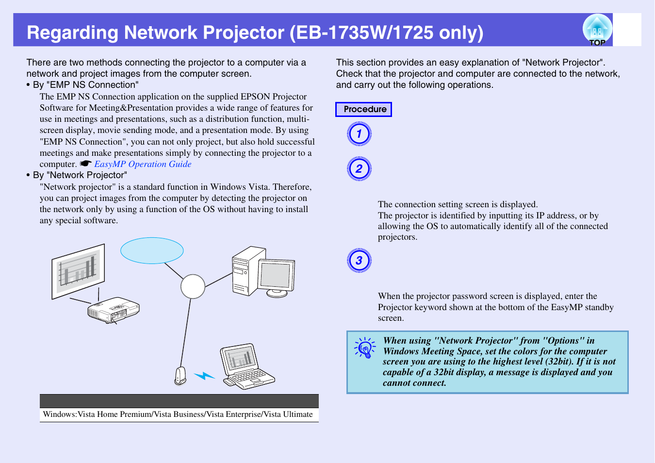 Regarding network projector (eb-1735w/1725 only) | Epson EB 1735W User Manual | Page 101 / 116