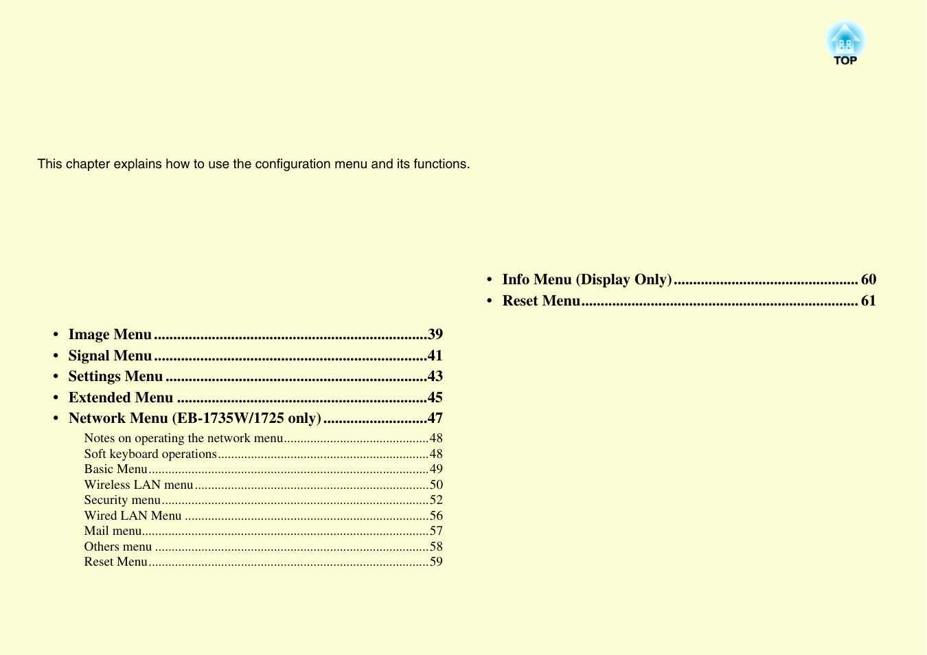 Configuration menu | Epson EB 1735W User Manual | Page 37 / 116