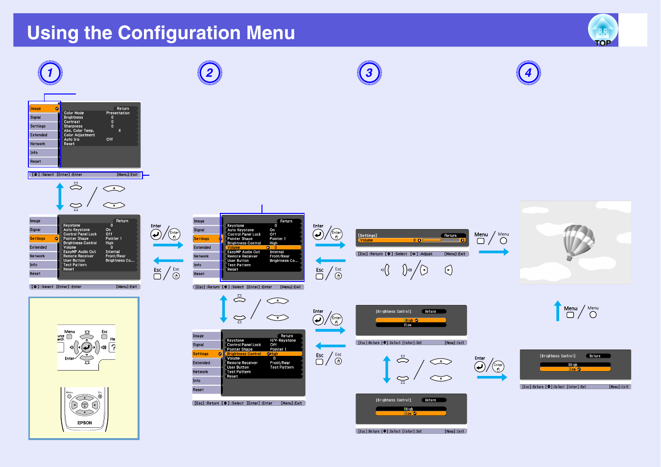 Using the configuration menu, S to the next level. s, P.38 | Epson EB 1735W User Manual | Page 38 / 116