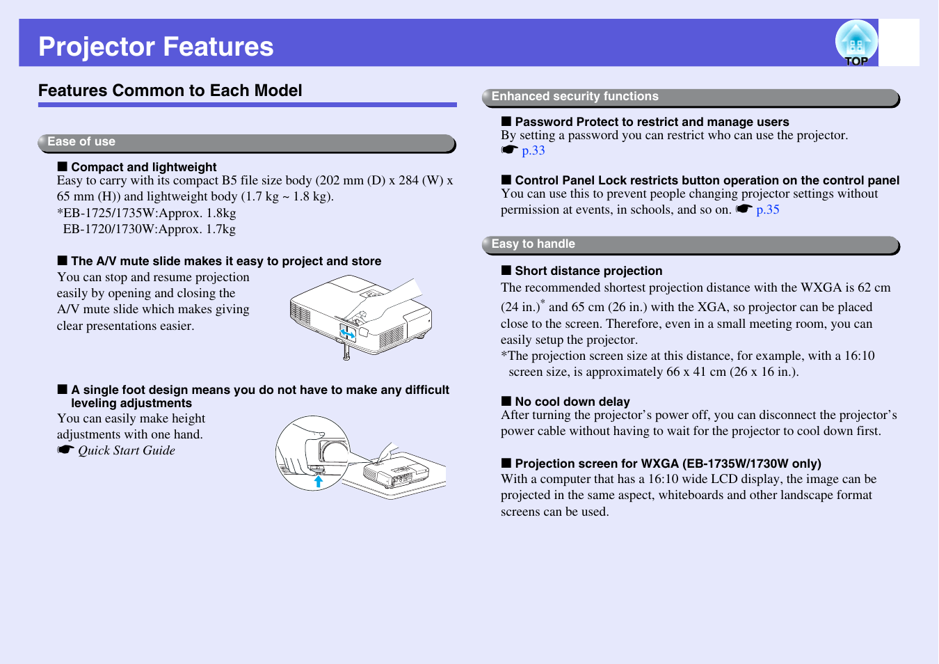 Projector features, Features common to each model | Epson EB 1735W User Manual | Page 5 / 116