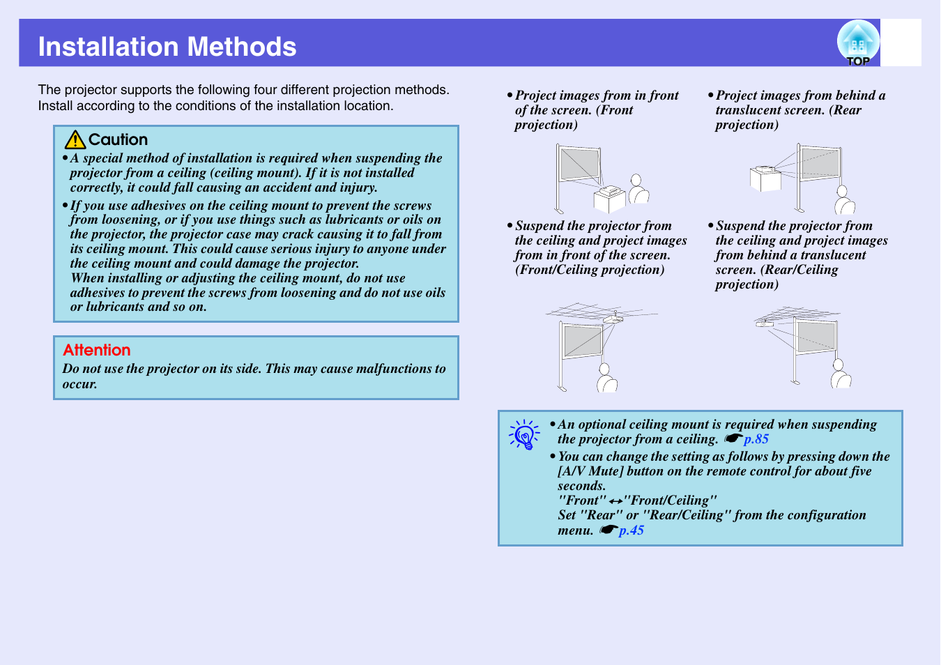 Installation methods, P.77, Up. s | Epson EB 1735W User Manual | Page 77 / 116