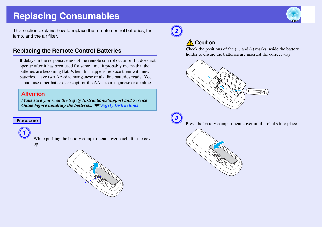 Replacing consumables, Replacing the remote control batteries, P.79 | Epson EB 1735W User Manual | Page 79 / 116