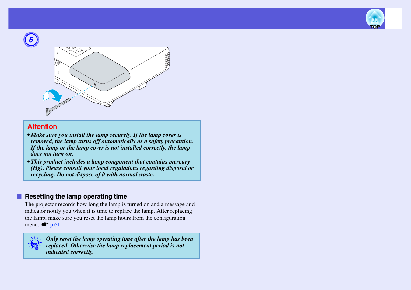 Resetting the lamp operating time | Epson EB 1735W User Manual | Page 83 / 116