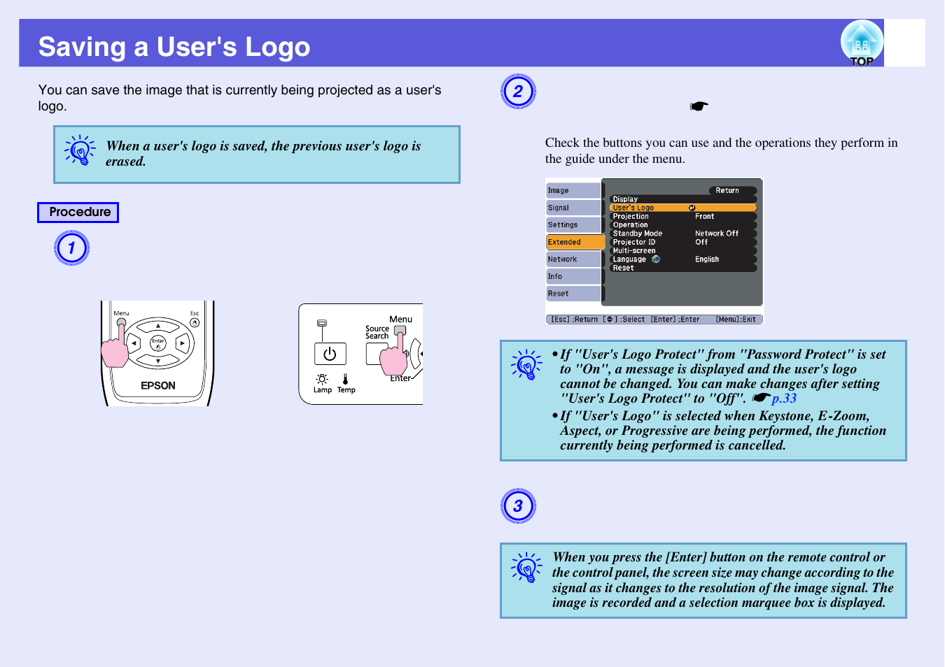 Saving a user's logo, P.86 | Epson EB 1735W User Manual | Page 86 / 116