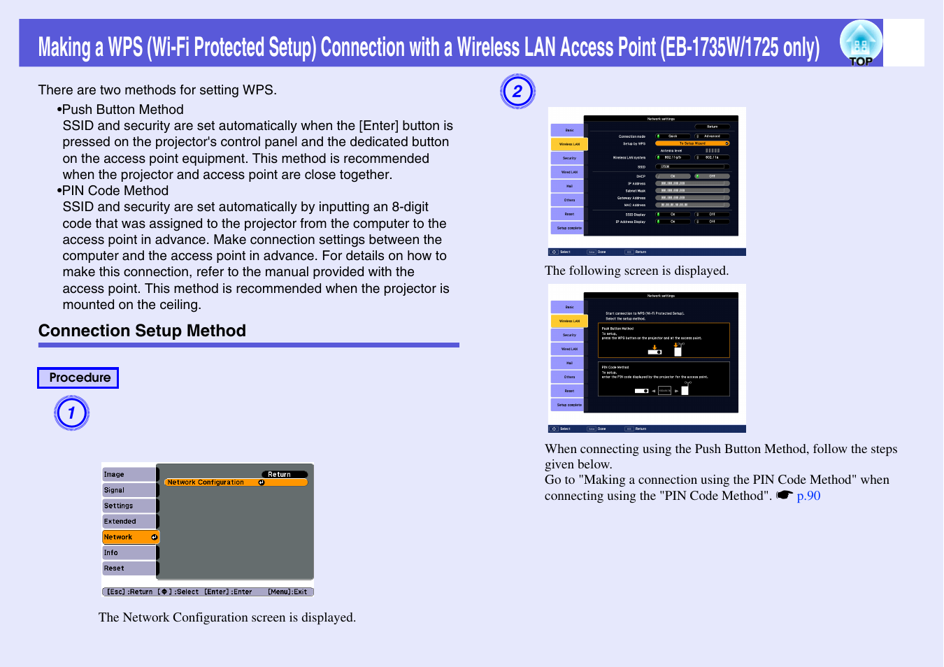 Connection setup method | Epson EB 1735W User Manual | Page 88 / 116