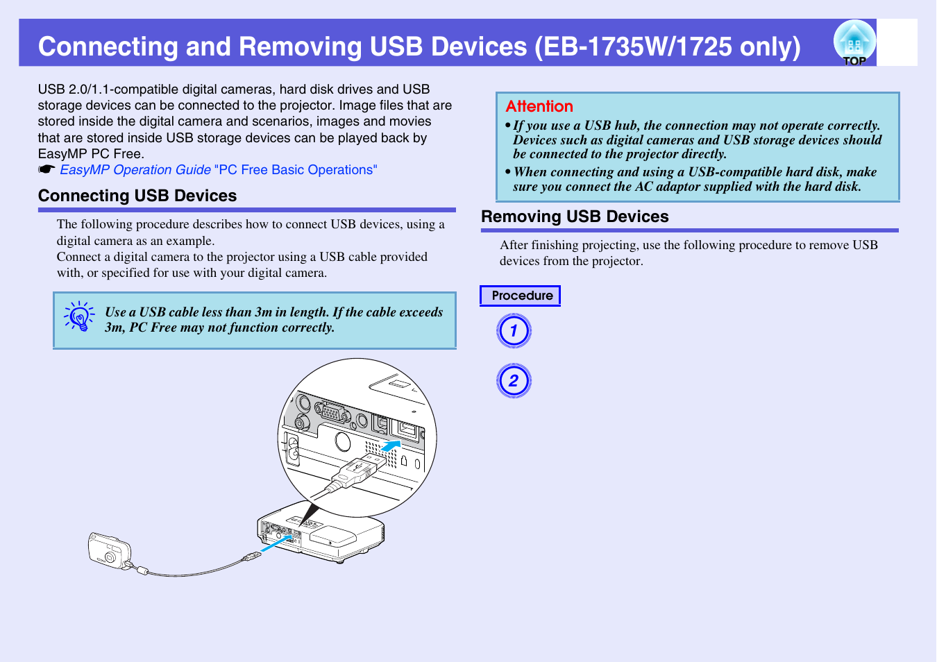 Connecting usb devices, Removing usb devices, Connecting usb devices removing usb devices | P.94 | Epson EB 1735W User Manual | Page 94 / 116