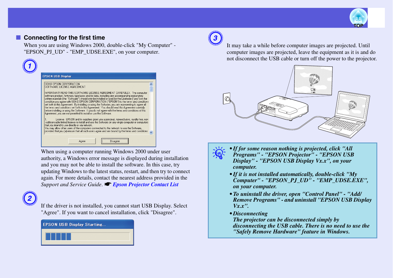 Connecting for the first time, P.96 | Epson EB 1735W User Manual | Page 96 / 116