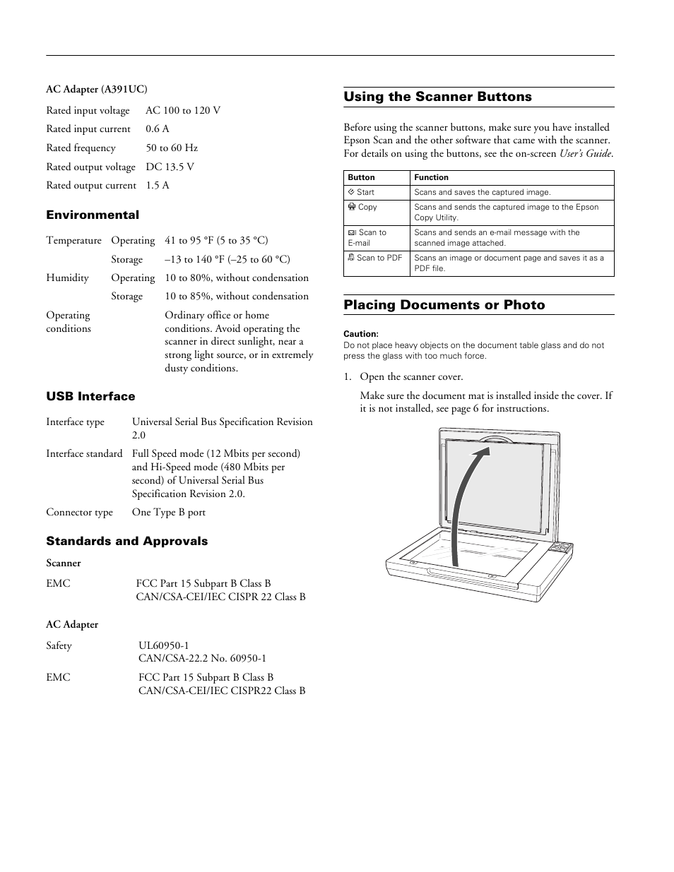 Environmental, Usb interface, Standards and approvals | Using the scanner buttons, Placing documents or photo | Epson Perfection V100 Photo User Manual | Page 2 / 8