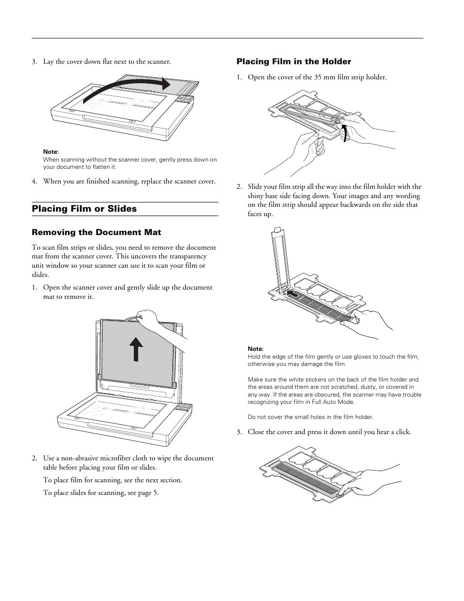 Placing film or slides, Removing the document mat, Placing film in the holder | Epson Perfection V100 Photo User Manual | Page 4 / 8