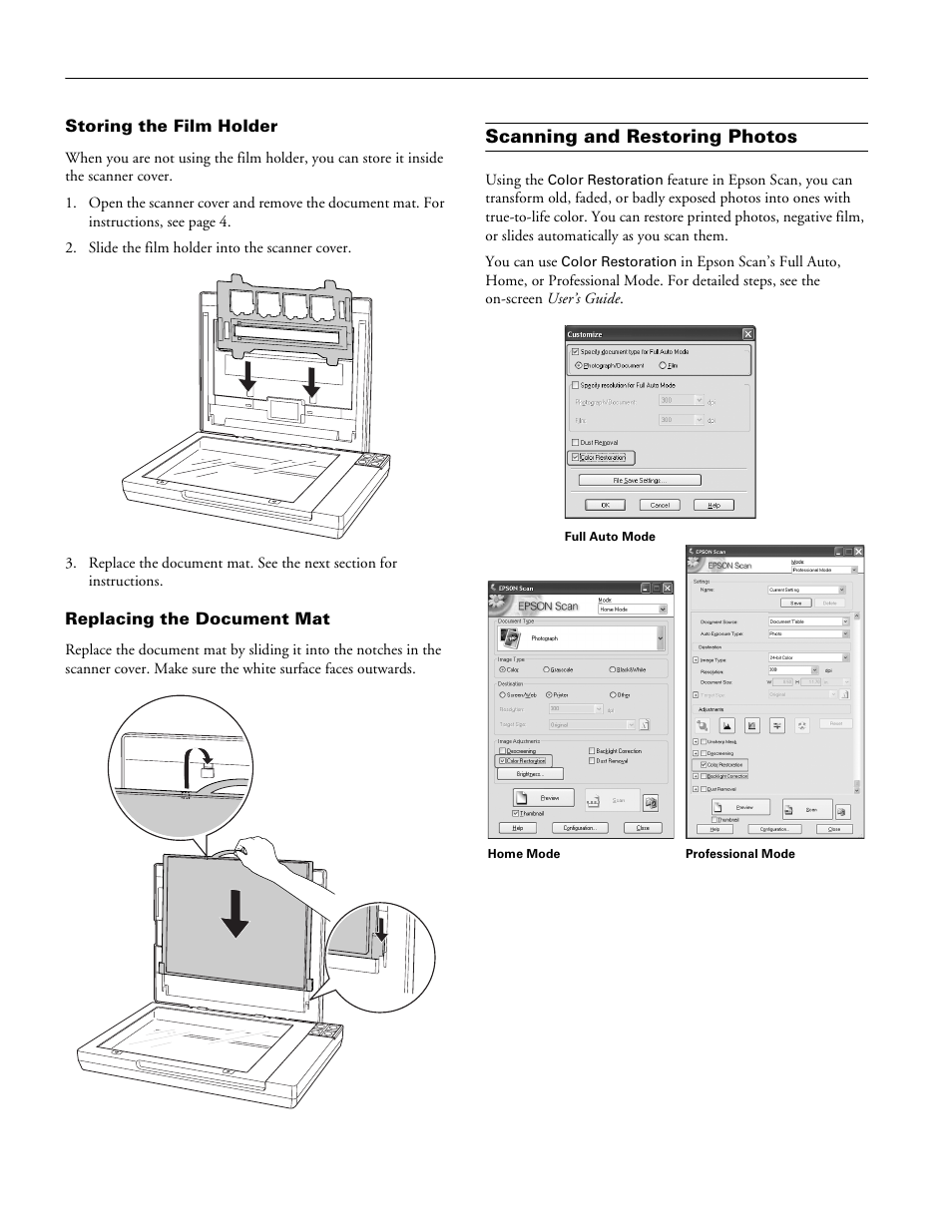 Storing the film holder, Replacing the document mat, Scanning and restoring photos | Epson Perfection V100 Photo User Manual | Page 6 / 8