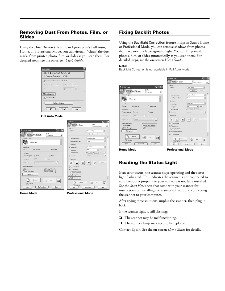 Removing dust from photos, film, or slides, Fixing backlit photos, Reading the status light | Epson Perfection V100 Photo User Manual | Page 7 / 8