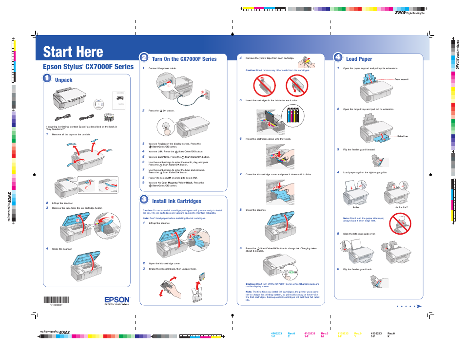 Load paper, Start here, Epson stylus | Cx7000f series, Unpack, Load paper install ink cartridges, Turn on the cx7000f series | Epson Stylus CX7000F User Manual | Page 4 / 8