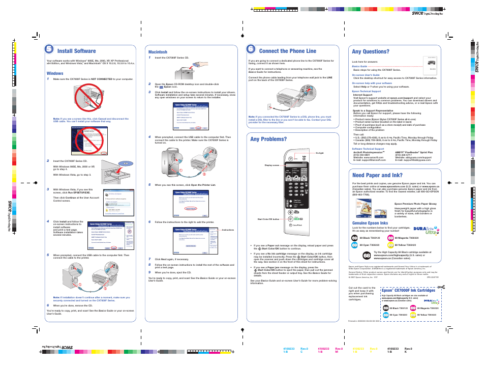 Any questions, Need paper and ink, Install software | Any problems, Connect the phone line, Windows, Macintosh, Genuine epson inks | Epson Stylus CX7000F User Manual | Page 8 / 8