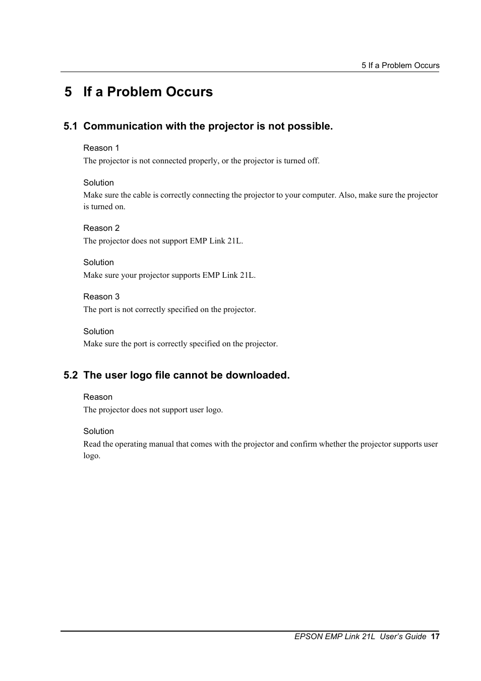 5 if a problem occurs, 1 communication with the projector is not possible, 2 the user logo file cannot be downloaded | Epson 21L User Manual | Page 17 / 21