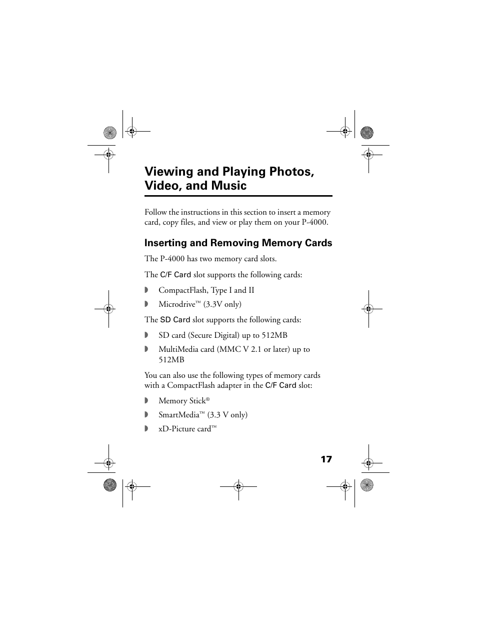 Viewing and playing photos, video, and music, Inserting and removing memory cards | Epson Multimedia Storage Viewer P-4000 User Manual | Page 17 / 70