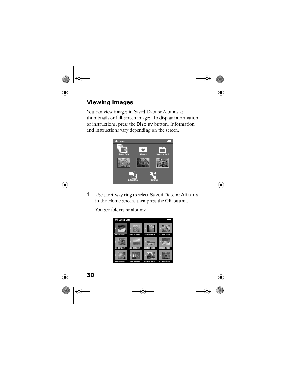 Viewing images, Use the 4-way ring to select, Button. you see folders or albums | Display, Saved data, Albums | Epson Multimedia Storage Viewer P-4000 User Manual | Page 30 / 70