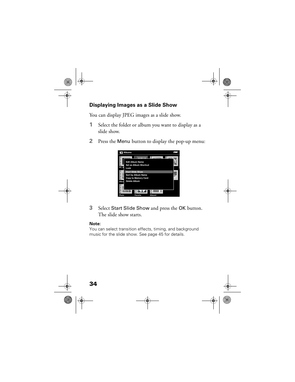 Displaying images as a slide show, Press the, Button to display the pop-up menu | Select, And press the, Button. the slide show starts, Menu, Start slide show | Epson Multimedia Storage Viewer P-4000 User Manual | Page 34 / 70