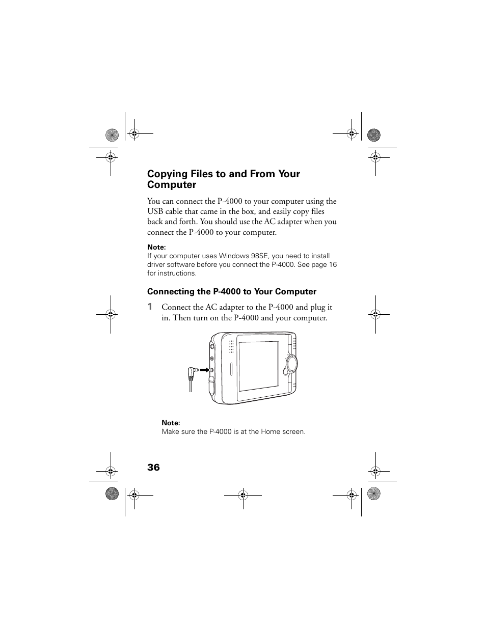 Copying files to and from your computer, Connecting the p-4000 to your computer | Epson Multimedia Storage Viewer P-4000 User Manual | Page 36 / 70