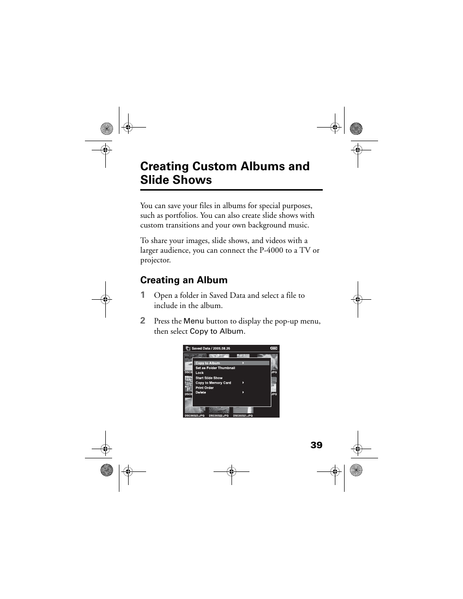 Creating custom albums and slide shows, Creating an album | Epson Multimedia Storage Viewer P-4000 User Manual | Page 39 / 70