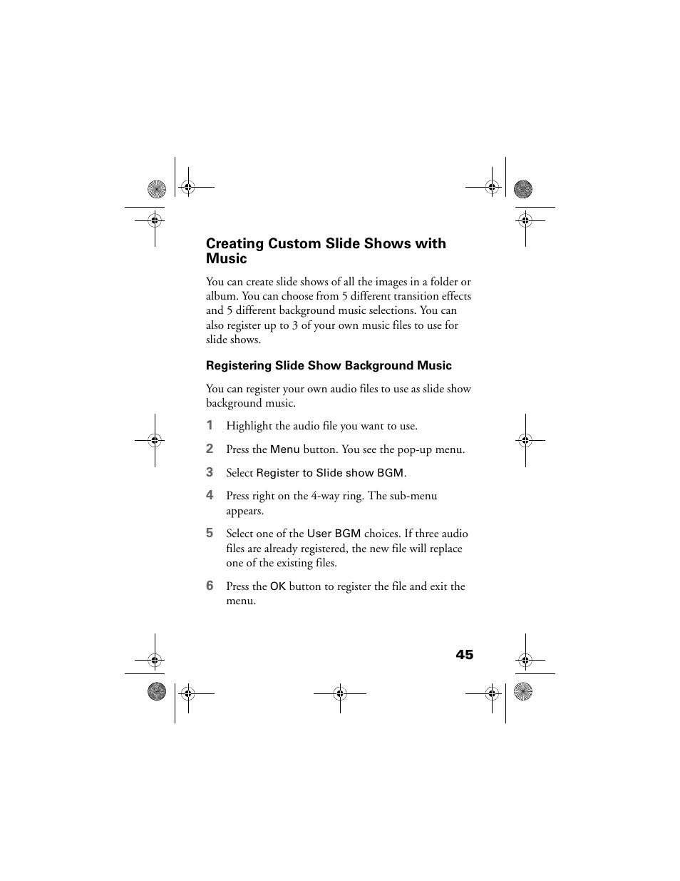 Creating custom slide shows with music, Registering slide show background music | Epson Multimedia Storage Viewer P-4000 User Manual | Page 45 / 70