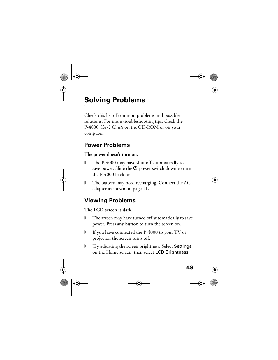 Solving problems, Power problems, Viewing problems | Epson Multimedia Storage Viewer P-4000 User Manual | Page 49 / 70