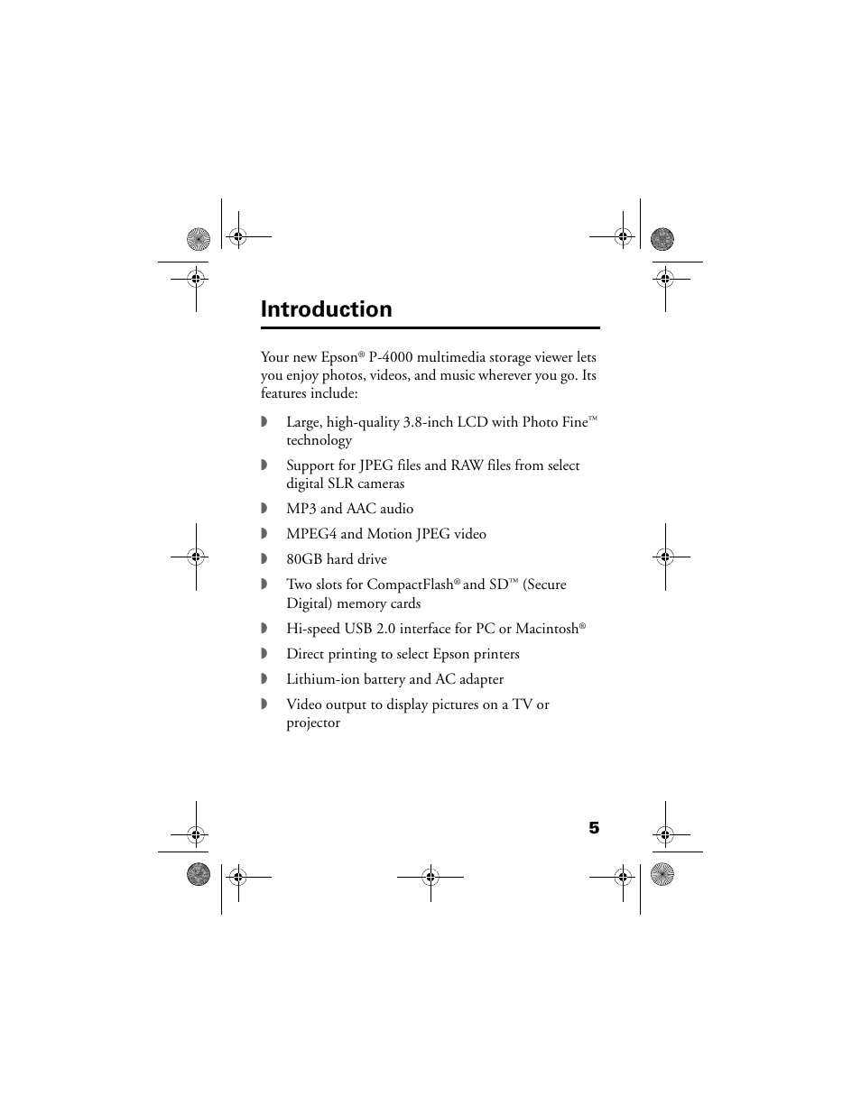 Introduction, Introduction 5 | Epson Multimedia Storage Viewer P-4000 User Manual | Page 5 / 70