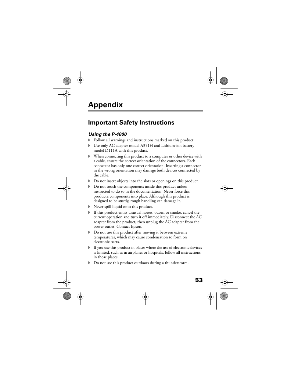 Appendix, Important safety instructions, Appendix 53 | Epson Multimedia Storage Viewer P-4000 User Manual | Page 53 / 70