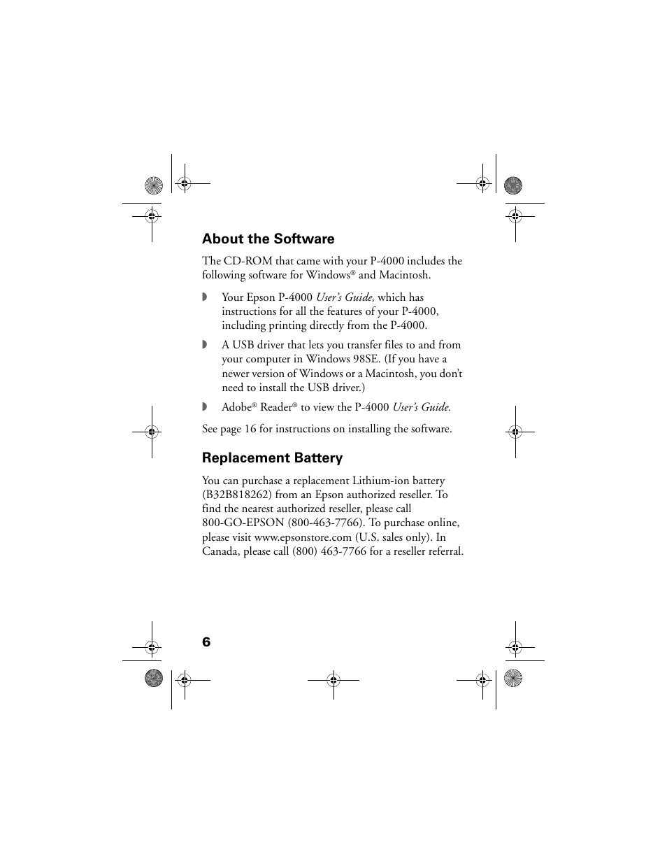 About the software, Replacement battery | Epson Multimedia Storage Viewer P-4000 User Manual | Page 6 / 70