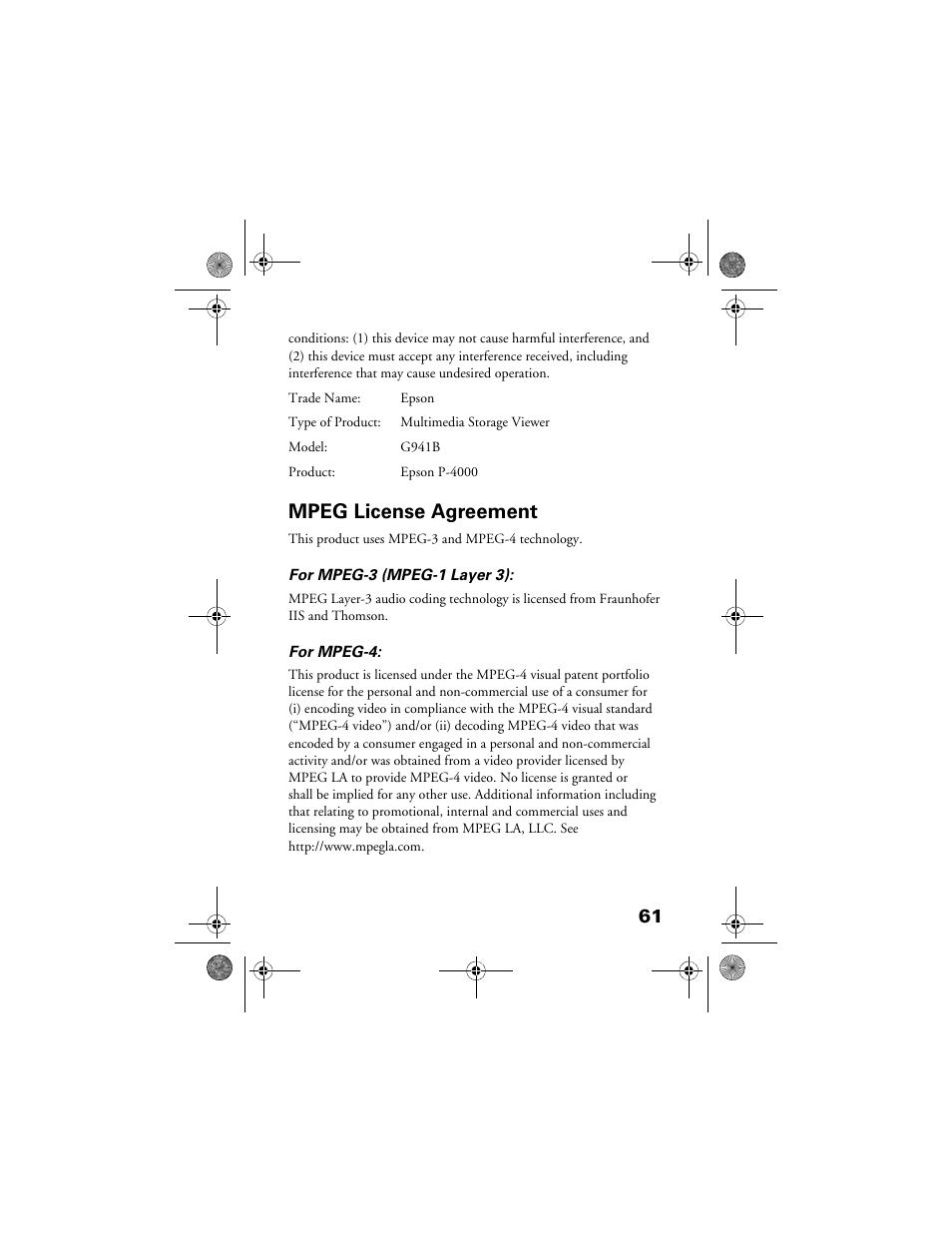 Mpeg license agreement | Epson Multimedia Storage Viewer P-4000 User Manual | Page 61 / 70