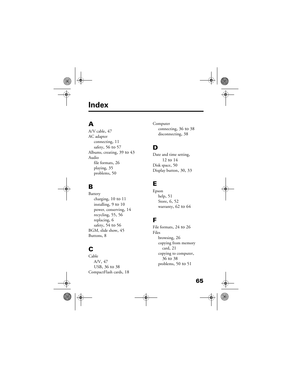 Index, Index 65 | Epson Multimedia Storage Viewer P-4000 User Manual | Page 65 / 70