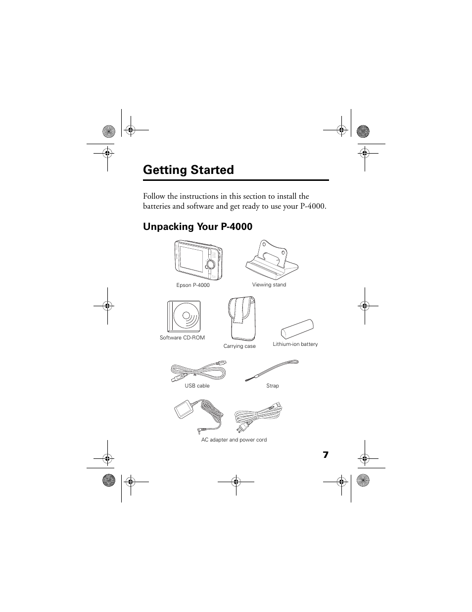 Getting started, Unpacking your p-4000 | Epson Multimedia Storage Viewer P-4000 User Manual | Page 7 / 70