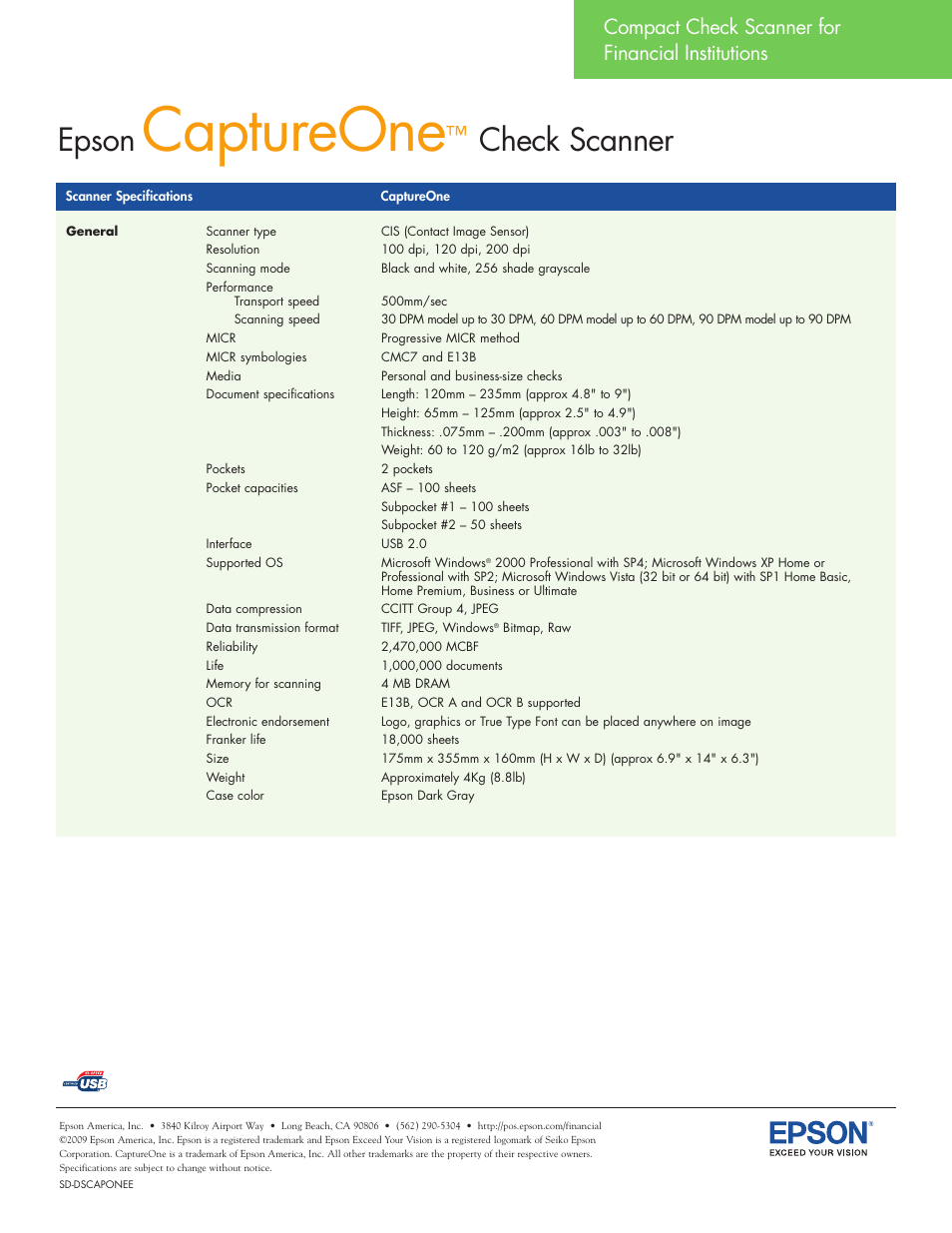 Captureone, Epson, Check scanner | Compact check scanner for financial institutions | Epson CaptureOne 30DPM User Manual | Page 2 / 2