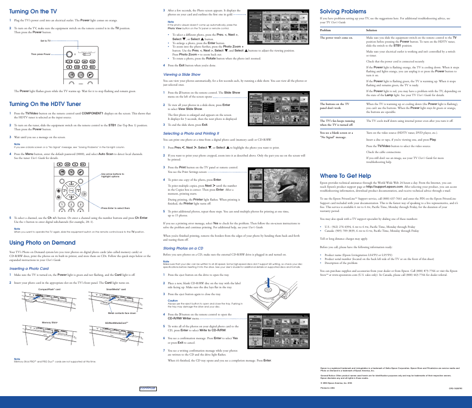 Turning on the tv, Turning on the hdtv tuner, Using photo on demand | Inserting a photo card, Solving problems, Where to get help | Epson Livingstation HDTV LCD Projection Television LS47P2 User Manual | Page 4 / 6