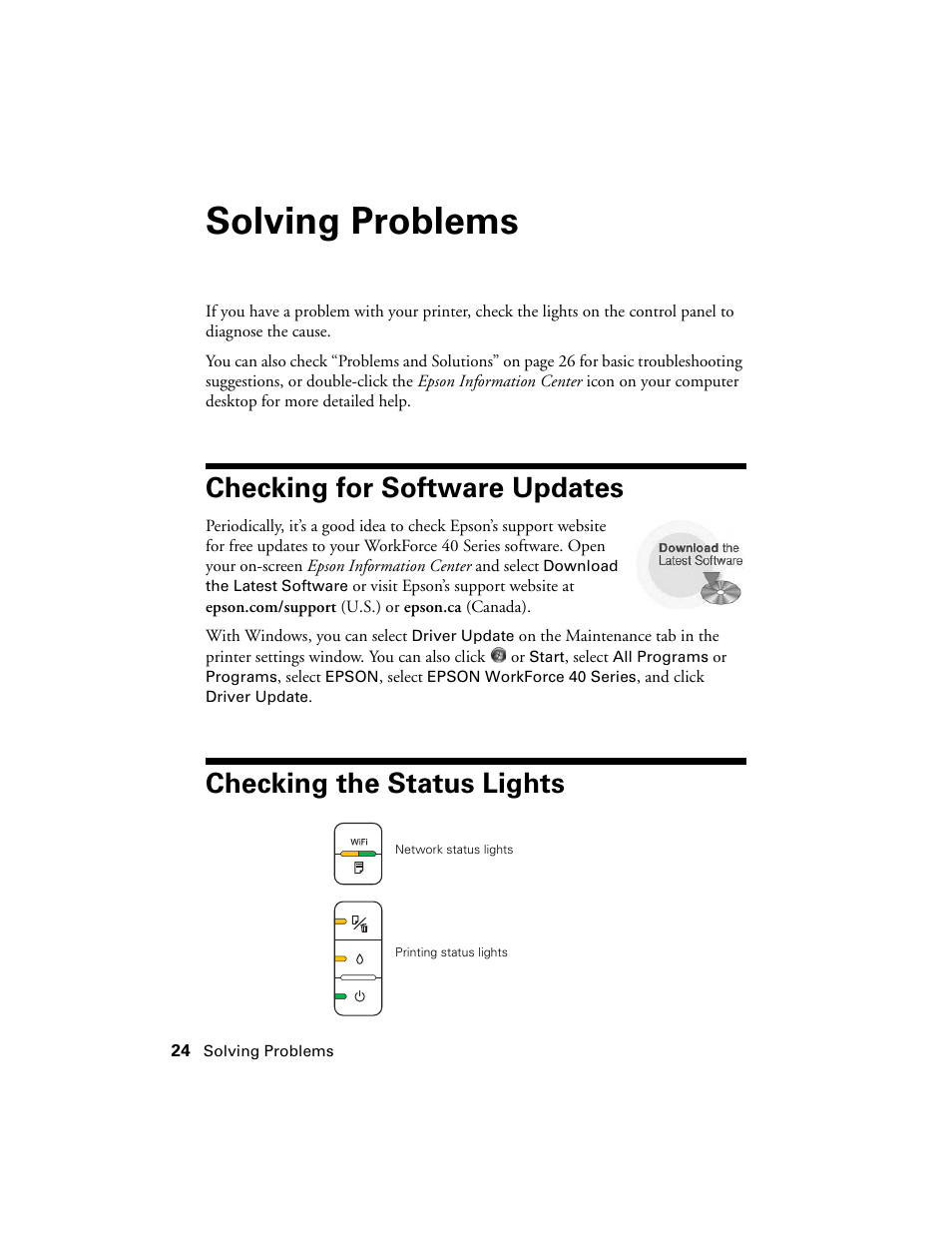 Solving problems, Checking for software updates, Checking the status lights | Epson WorkForce 40 Series User Manual | Page 24 / 36