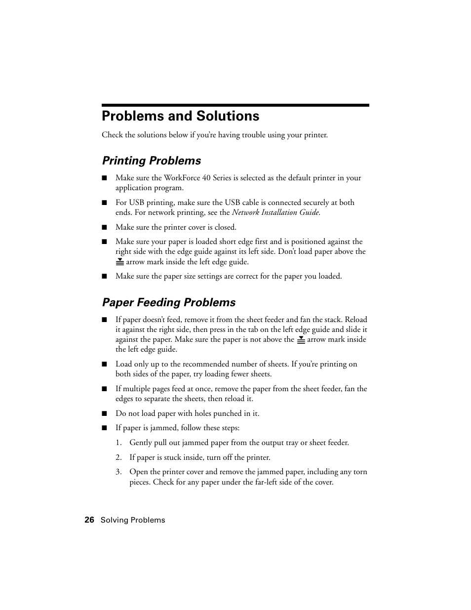 Problems and solutions, Printing problems, Paper feeding problems | Epson WorkForce 40 Series User Manual | Page 26 / 36