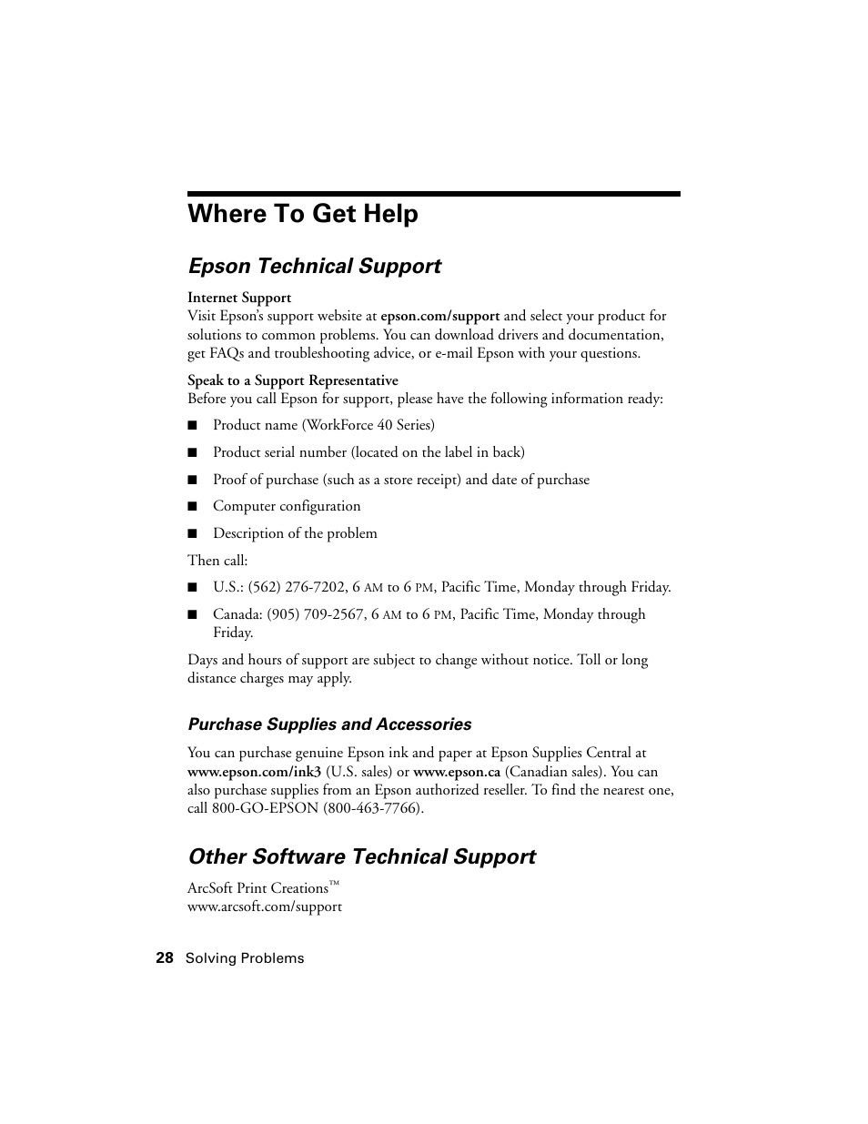 Where to get help, Epson technical support, Other software technical support | Epson WorkForce 40 Series User Manual | Page 28 / 36