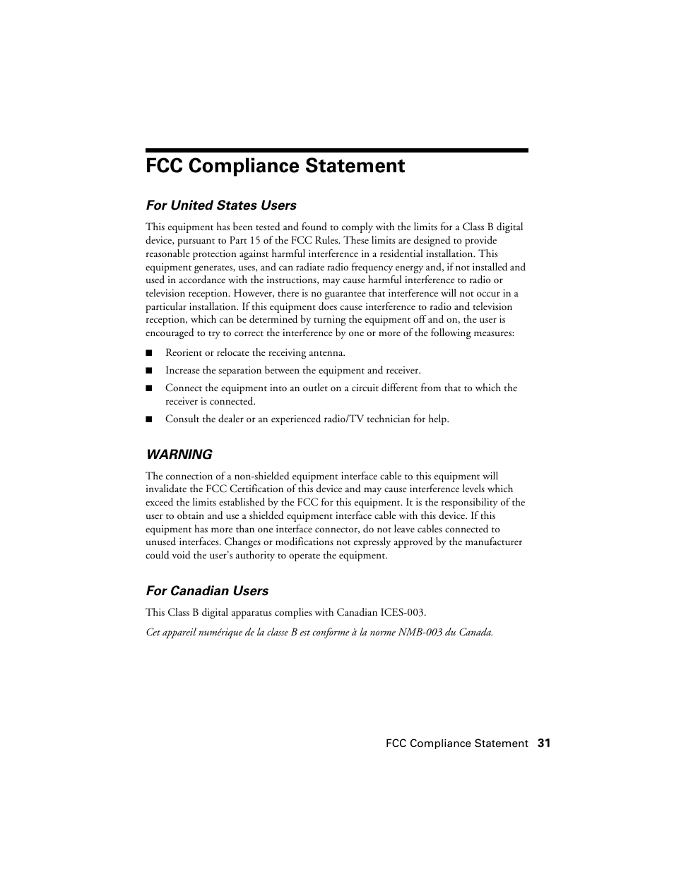 Fcc compliance statement | Epson WorkForce 40 Series User Manual | Page 31 / 36