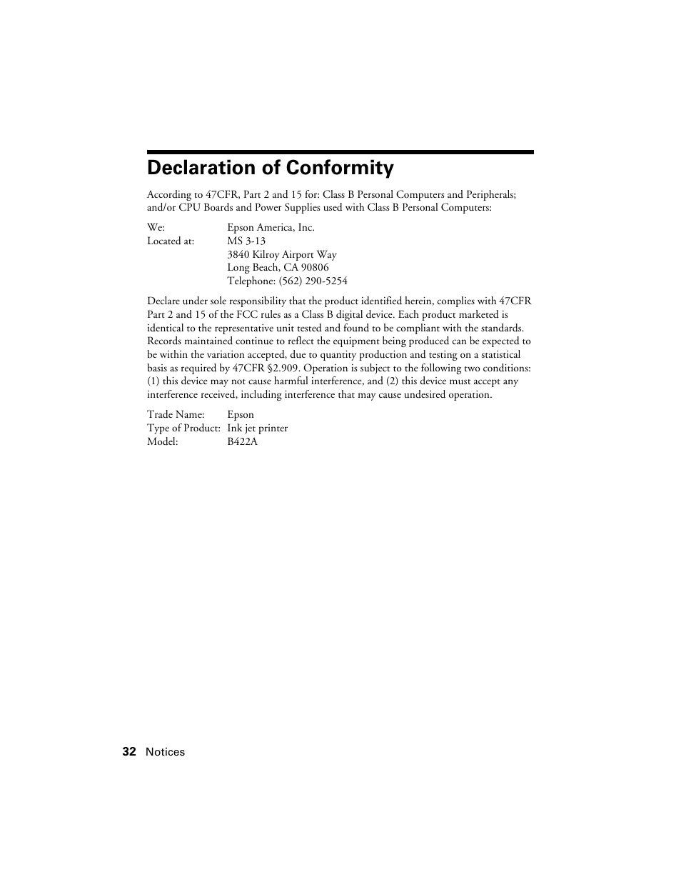 Declaration of conformity | Epson WorkForce 40 Series User Manual | Page 32 / 36